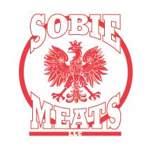 A red and white logo for sobie meats llc.